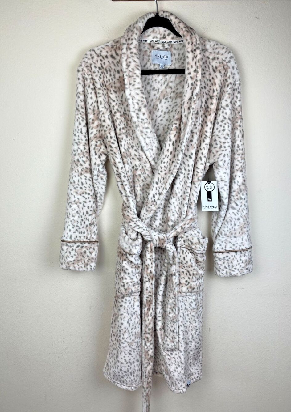 9W NINE WEST New Desert Cheetah Plush Robe L Leopard Print Satin Cuff Warm